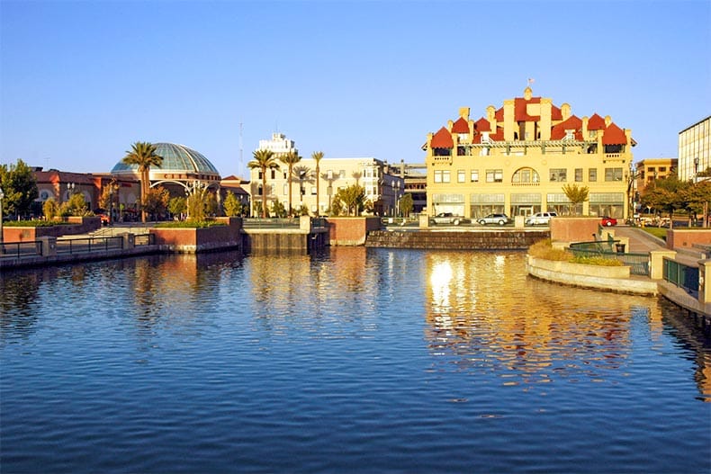 The waterfront cityscape of Stockton, California.