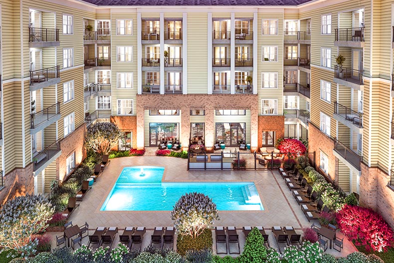 Aerial view of the outdoor pool at Overture Providence in Charlotte, North Carolina.