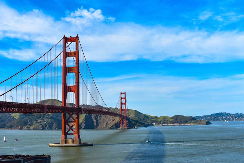 The Golden Gate bridge on a sunny day.