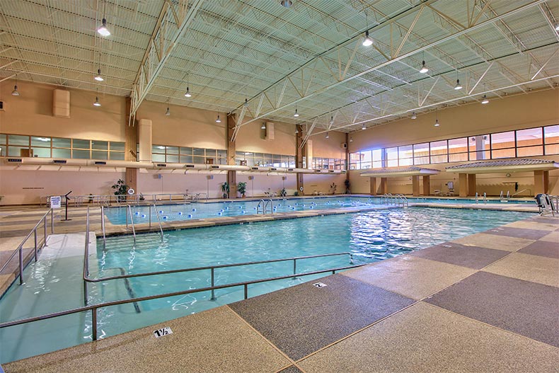 Indoor side by side zero entry at lap pools at an active adult 55+ community.