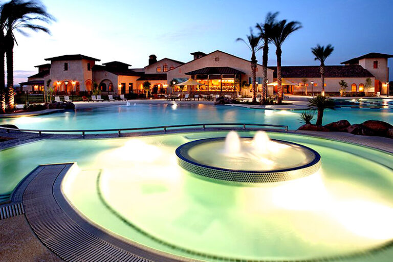 Small lakeside fountain in front of Sun City Festival retirement community.