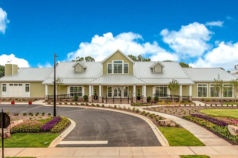 Exterior view of the clubhouse at Cresswind Charlotte, a 55+ community in Charlotte, North Carolina.