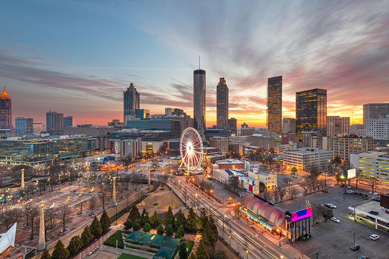 The downtown skyline at dusk in Atlanta, Georgia.