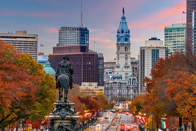 View the Benjamin Franklin Parkway in autumn in Philadelphia, Pennsylvania