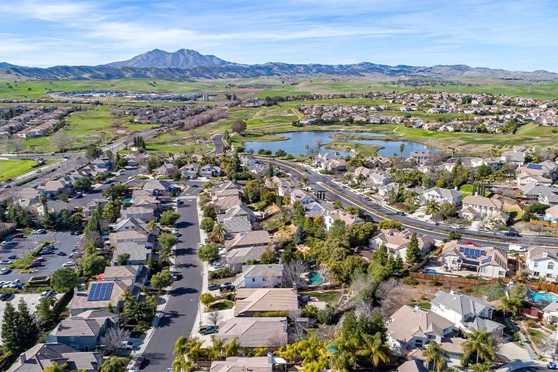 Aerial view of Brentwood with Mount Diablo in the distance.