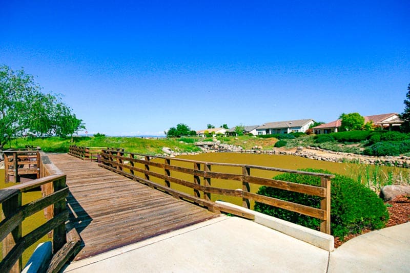 A bridge over a pond on the grounds of Sun City Lincoln Hills in Lincoln, California.