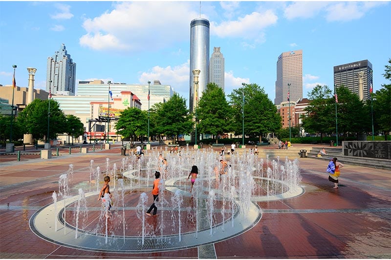 Children playing in the fountains at Atlanta’s Centennial Olympic Park.