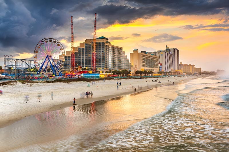 The beachfront skyline at dusk in Daytona Beach, Florida.