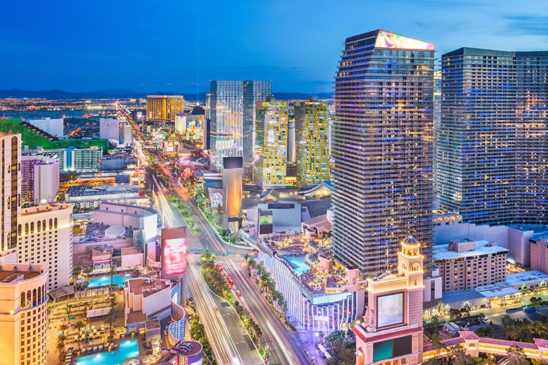 Aerial view of the Las Vegas, Nevada cityscape in the evening.