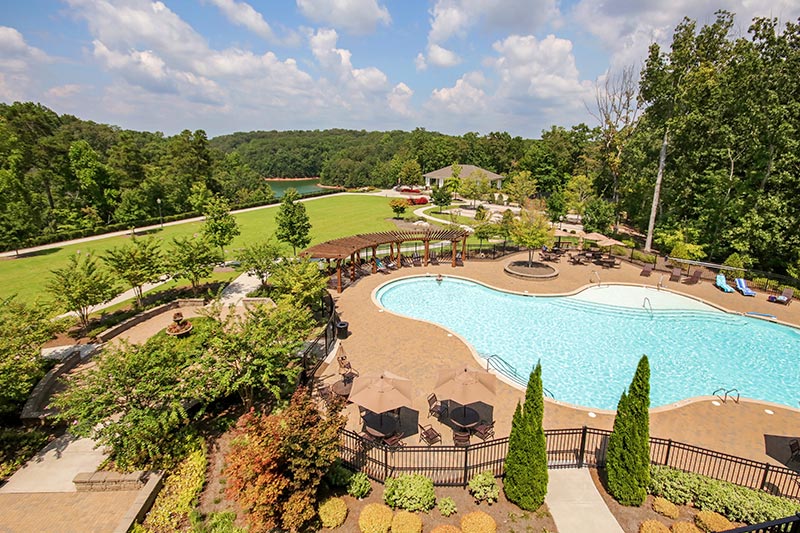 Aerial view of the outdoor pool at Cresswind at Lake Lanier, a 55+ community in Gainesville, Georgia.