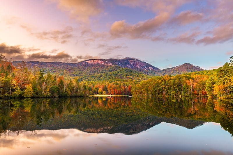 Lake view during autumn at dusk of Table Rock Mountain in Pickens, South Carolina.