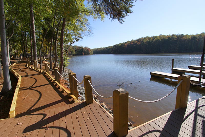 The docks and the walkway at The Vineyards on Lake Wylie, a 55+ community in Charlotte, North Carolina.