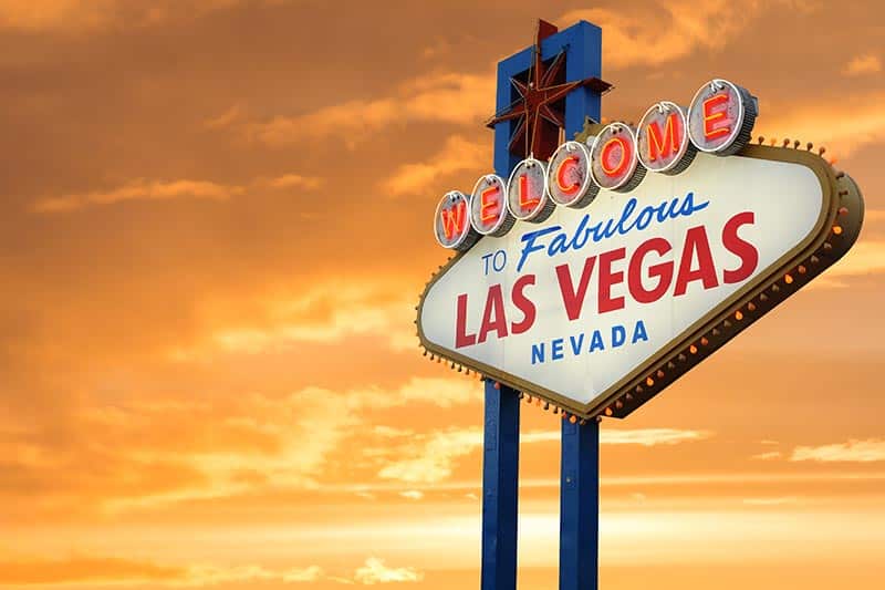 The "Welcome to Fabulous Las Vegas" sign at sunset.