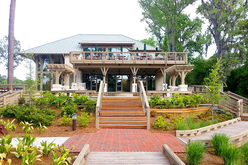 Exterior view of the clubhouse at Hilton Head Plantation in Hilton Head Island, South Carolina.