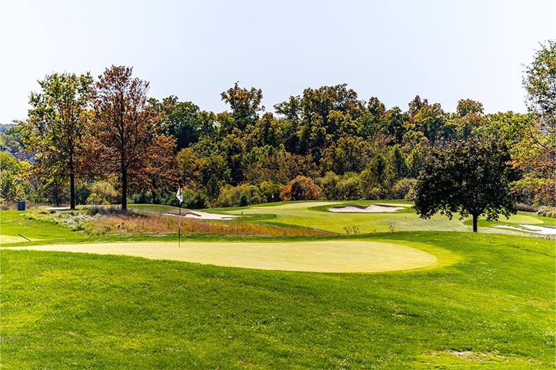 Golf course with putting green and sand traps with trees in the background.