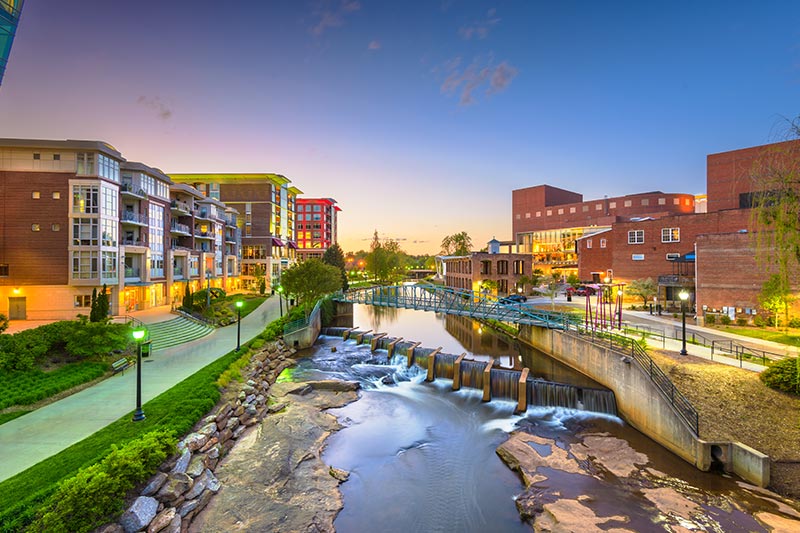 Downtown Greenville, South Carolina Reedy River cityscape.