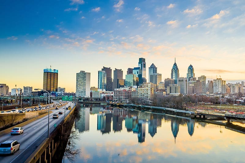 View of the Downtown Skyline of Philadelphia, Pennsylvania at twilight.