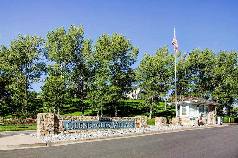 The community sign at the entrance to Gleneagles Village in Highlands Ranch, Colorado.