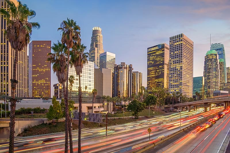 Palm trees beside a highway in the middle of Los Angeles, California at twilight.