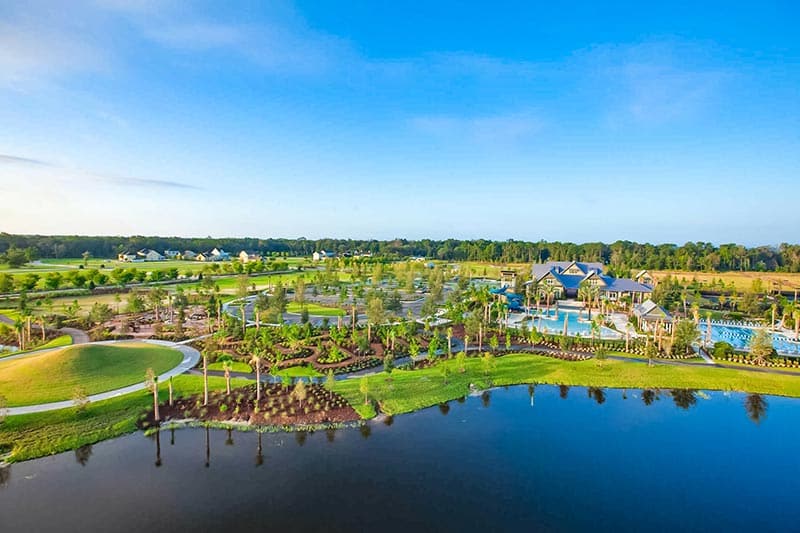 Aerial view of the amenities along the riverbank at WaterSong at RiverTown in St. Johns, Florida.