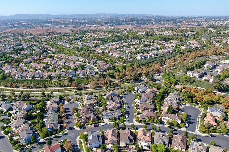 Aerial view of a large planned housing community.