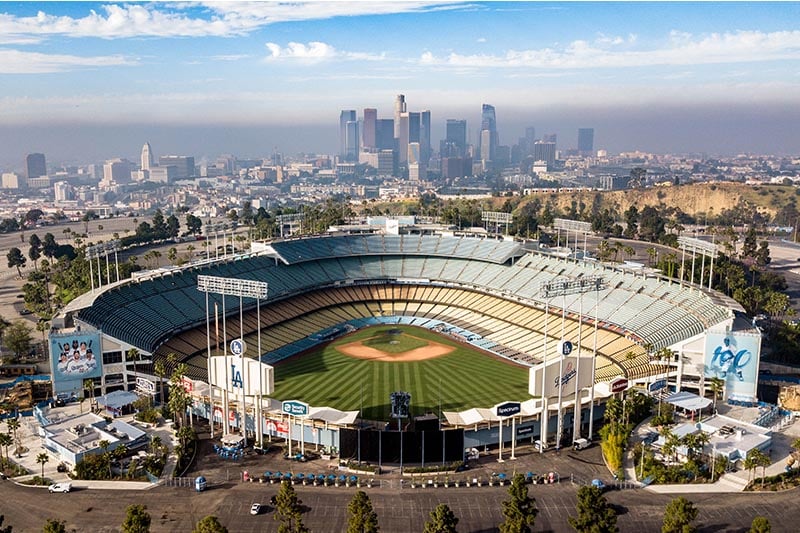 Dodger Stadium with Los Angeles skyline in background