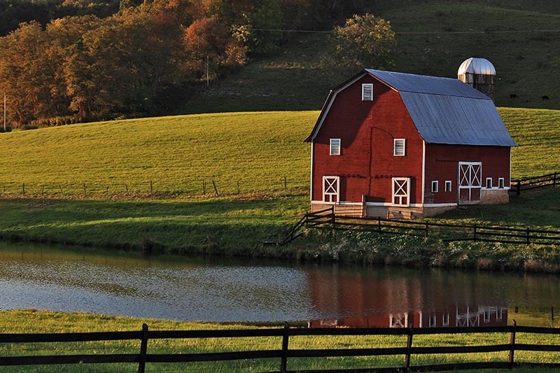 Evening view of red barn in southern West Virginia.