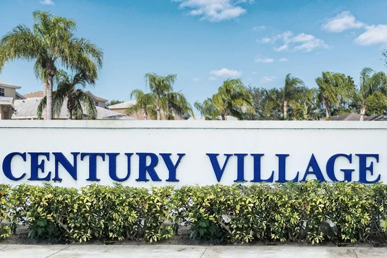 The community sign for Century Village at West Palm Beach in West Palm Beach, Florida.