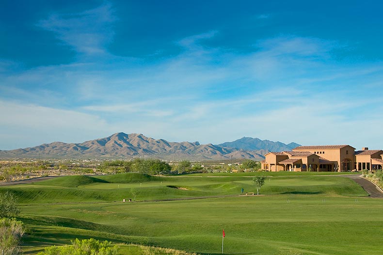 View of the mountains surrounding the golf course at Del Webb at Rancho Del Lago in Vail, Arizona.