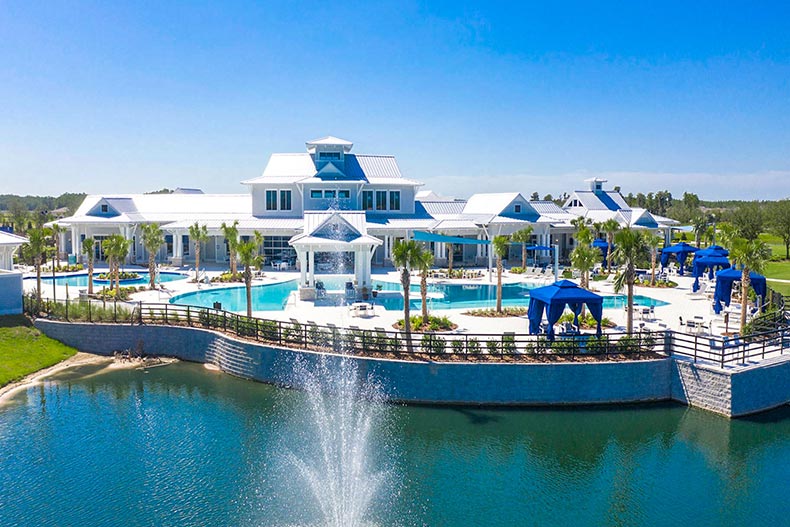 Aerial view of the resort-style pool and clubhouse at Del Webb Bexley in Land O' Lakes, Florida.