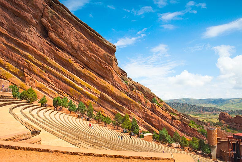 A blue sky over the historic Red Rocks Amphitheater near Denver, Colorado.