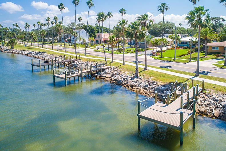 Palm trees and docks along the shore on a sunny day in Dunedin, Florida.