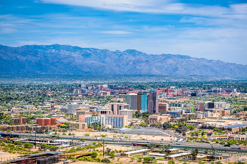 Aerial view of the downtown city skyline in Tucson, Arizona on a sunny day.