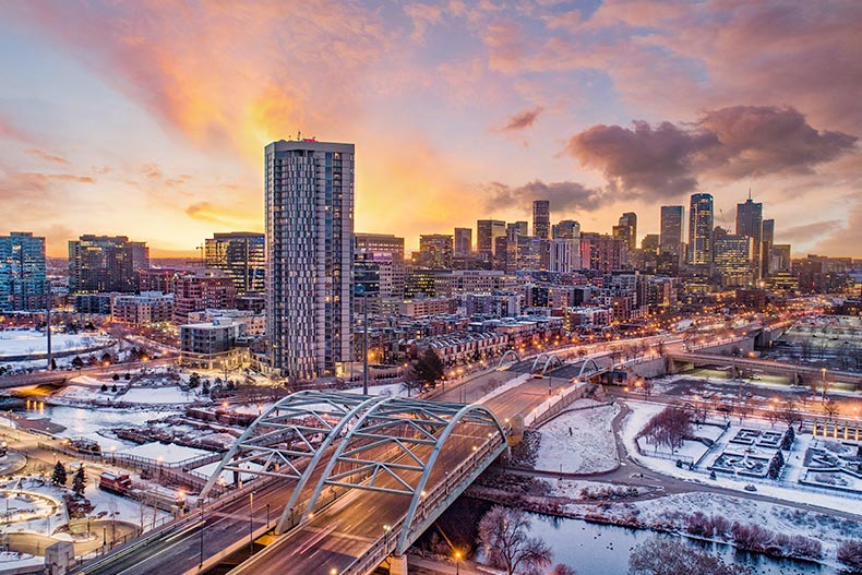 Aerial view of Downtown Denver, Colorado at sunset.