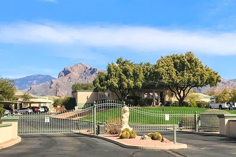 The gated entrance of Mona Lisa Village in Tucson, Arizona.