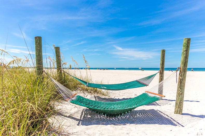 Hammocks on St. Pete beach in Florida on a sunny day.