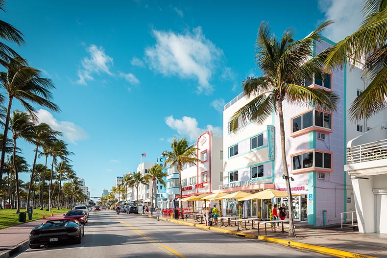 Morning view of Ocean Drive and the Art Deco Historic District in Miami Beach, Florida.