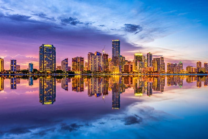 View across Biscayne Bay of the skyline of Miami, Florida.