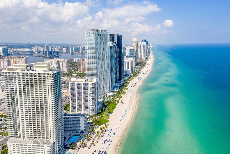 Aerial view of the seaside in Miami, Florida on a sunny day.