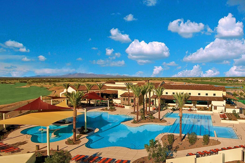 Aerial view of the clubhouse and outdoor resort-style pool at SaddleBrooke Ranch in Oracle, Arizona.