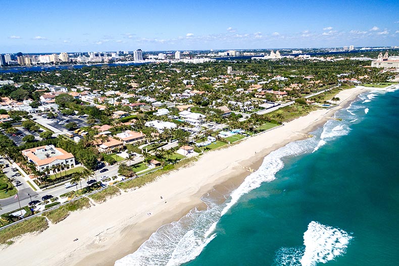 Aerial view of the coastline in Palm Beach, Florida.