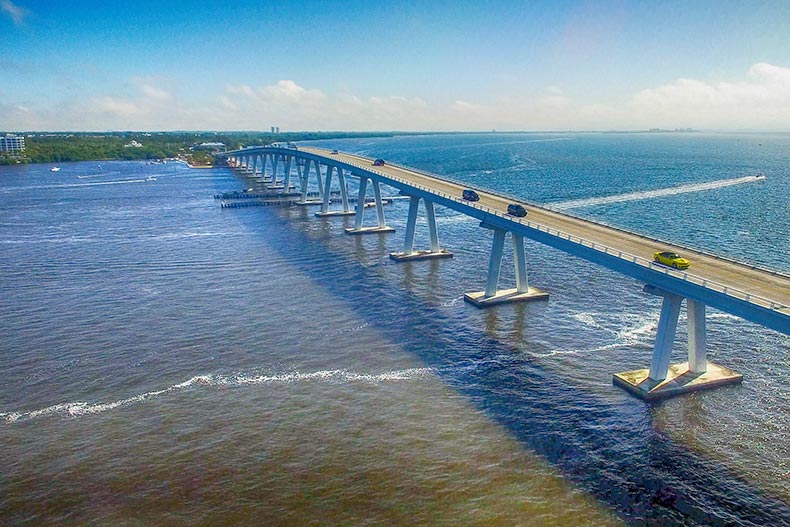 Aerial view of cars on the Sanibel Causeway in Fort Myers, Florida.