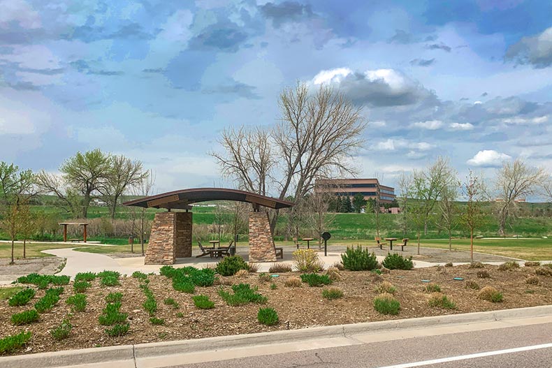 A patio area on the grounds of Skyestone in Broomfield, Colorado.