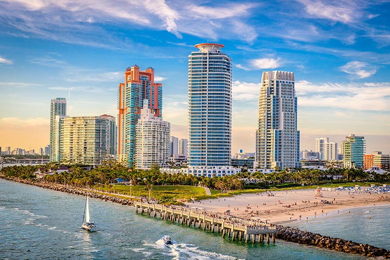 Aerial view of South Pointe Park at South Beach in Miami, Florida on a sunny day.