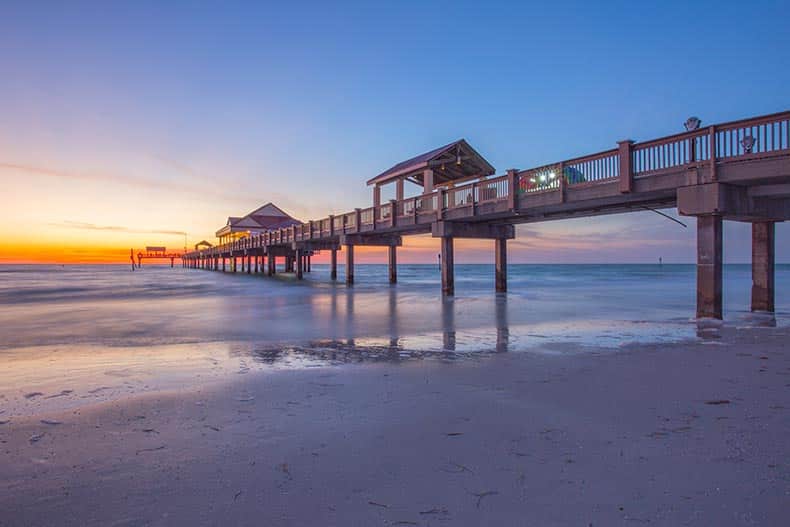 Sunset over the pier at Clearwater Beach in Florida.