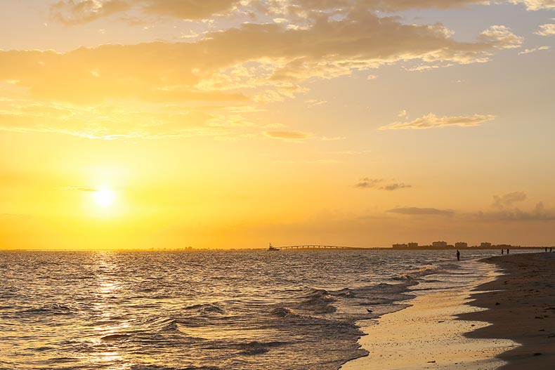 A sunset over the Gulf of Mexico at Fort Myers Beach in Florida.