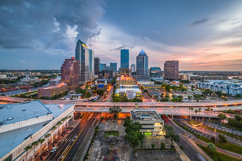 Aerial view of the downtown skyline in Tampa, Florida.