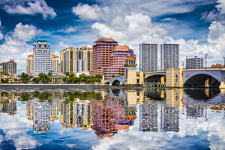 View of the downtown area from across the intracoastal waterway in West Palm Beach, Florida.