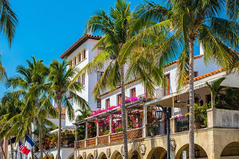 Cityscape view of the the popular and luxurious Worth Avenue shopping district in West Palm Beach.