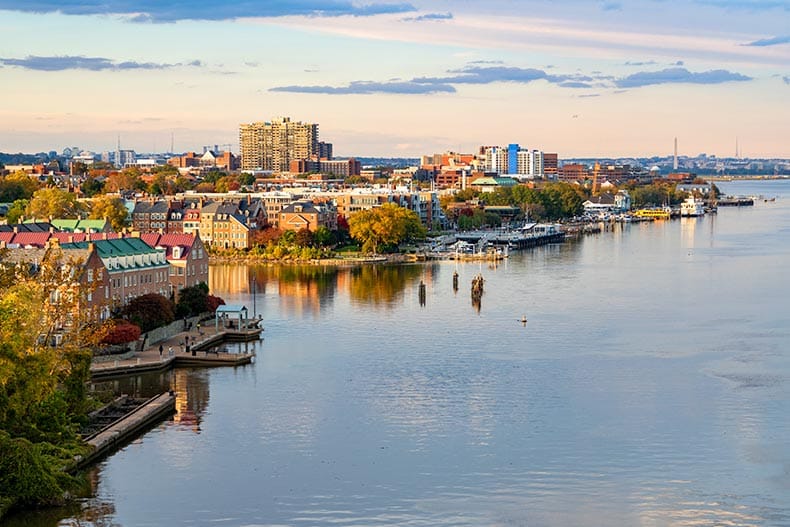 View of the historic city of Alexandria and the waterfront property along the Potomac River in northern Virginia.